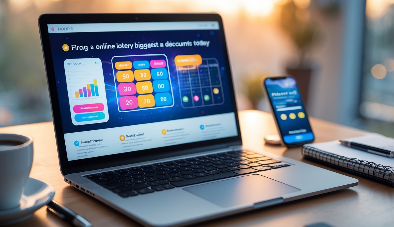 Meja kerja modern dengan laptop yang menampilkan antarmuka angka lotere, ponsel dengan notifikasi diskon, dan cangkir kopi di sampingnya.