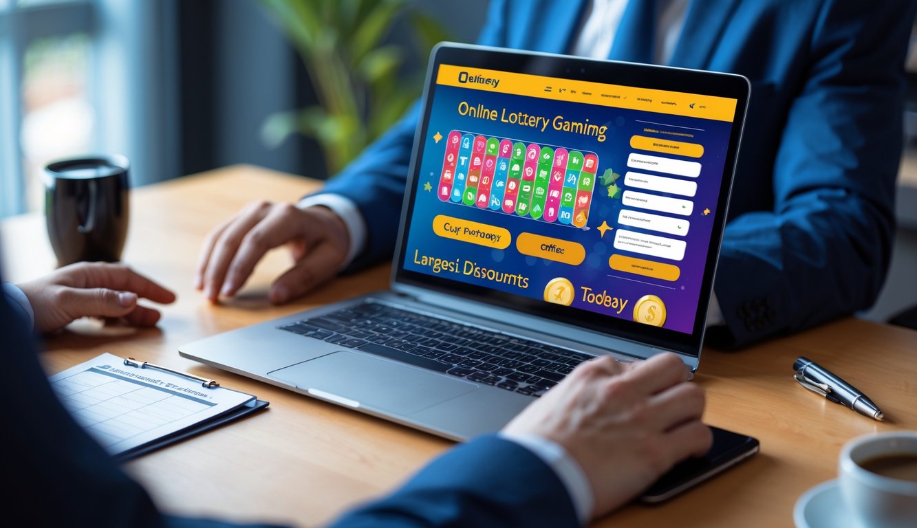 Seorang pengguna sedang menggunakan laptop di meja kerja dengan tampilan situs togel online yang berwarna-warni, dikelilingi alat tulis dan secangkir kopi.