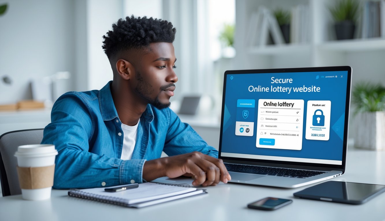 Seorang pria muda duduk di meja kerja dengan laptop, fokus melihat layar yang menampilkan situs togel online yang aman.