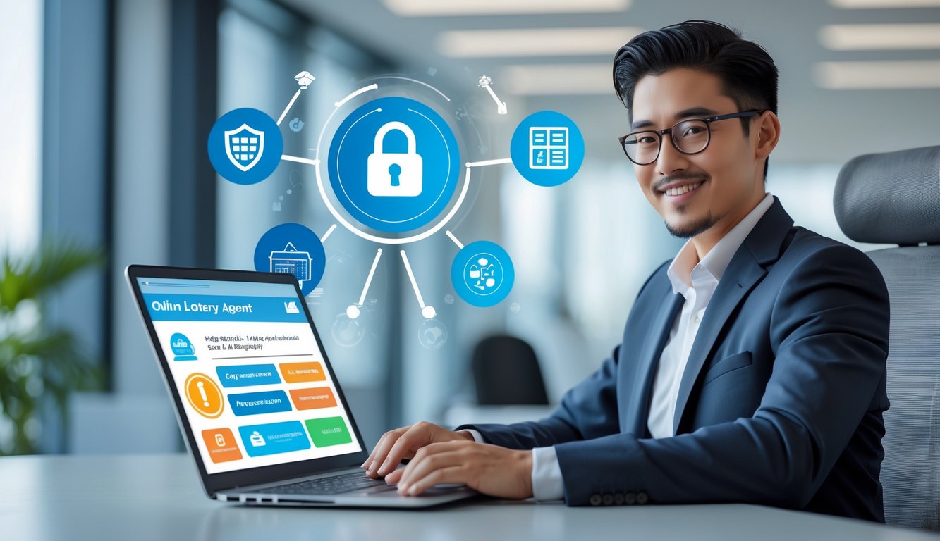 Seorang profesional di kantor modern menggunakan laptop dengan ikon keamanan dan grafik terkait lotere, menunjukkan konsep memilih bandar togel online yang aman.