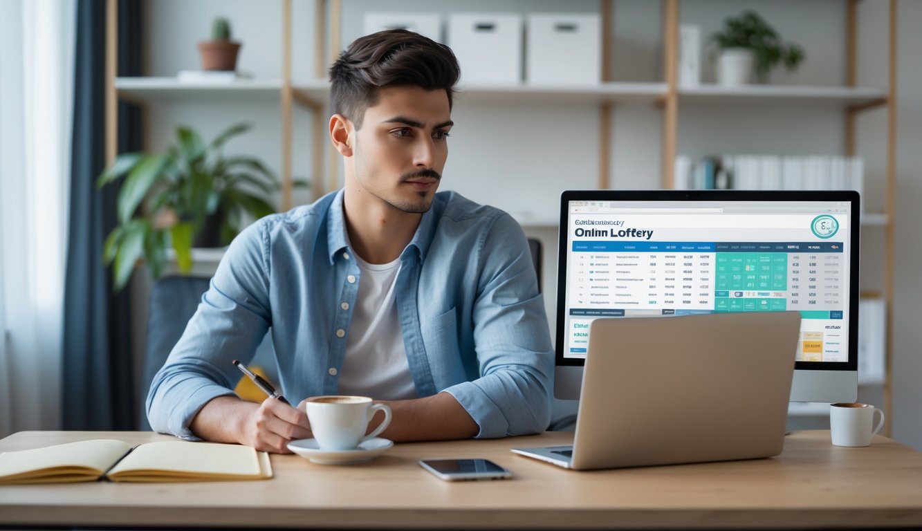 Seorang pria muda duduk di meja kerja di kantor rumah, sedang menganalisis strategi togel online dengan laptop dan alat tulis di meja.