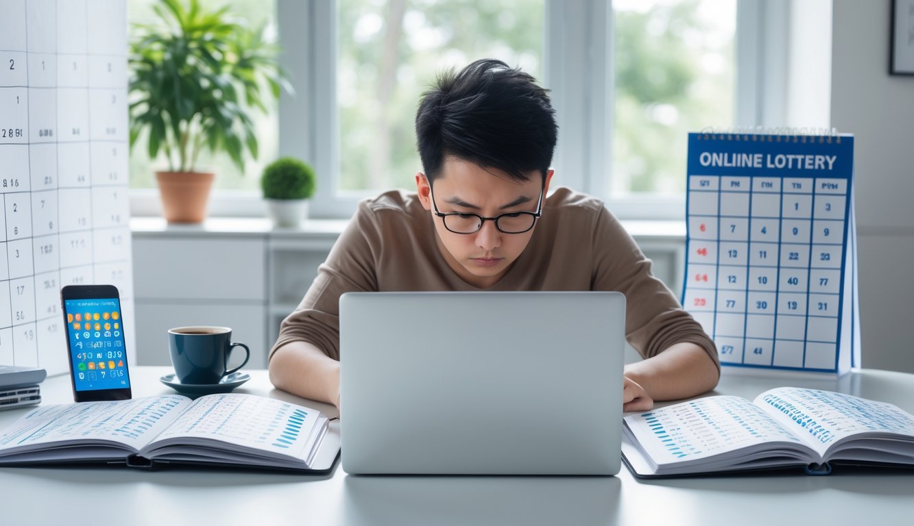 Seseorang sedang duduk di meja kerja dengan laptop dan buku catatan terbuka, menganalisis data untuk strategi togel online harian.