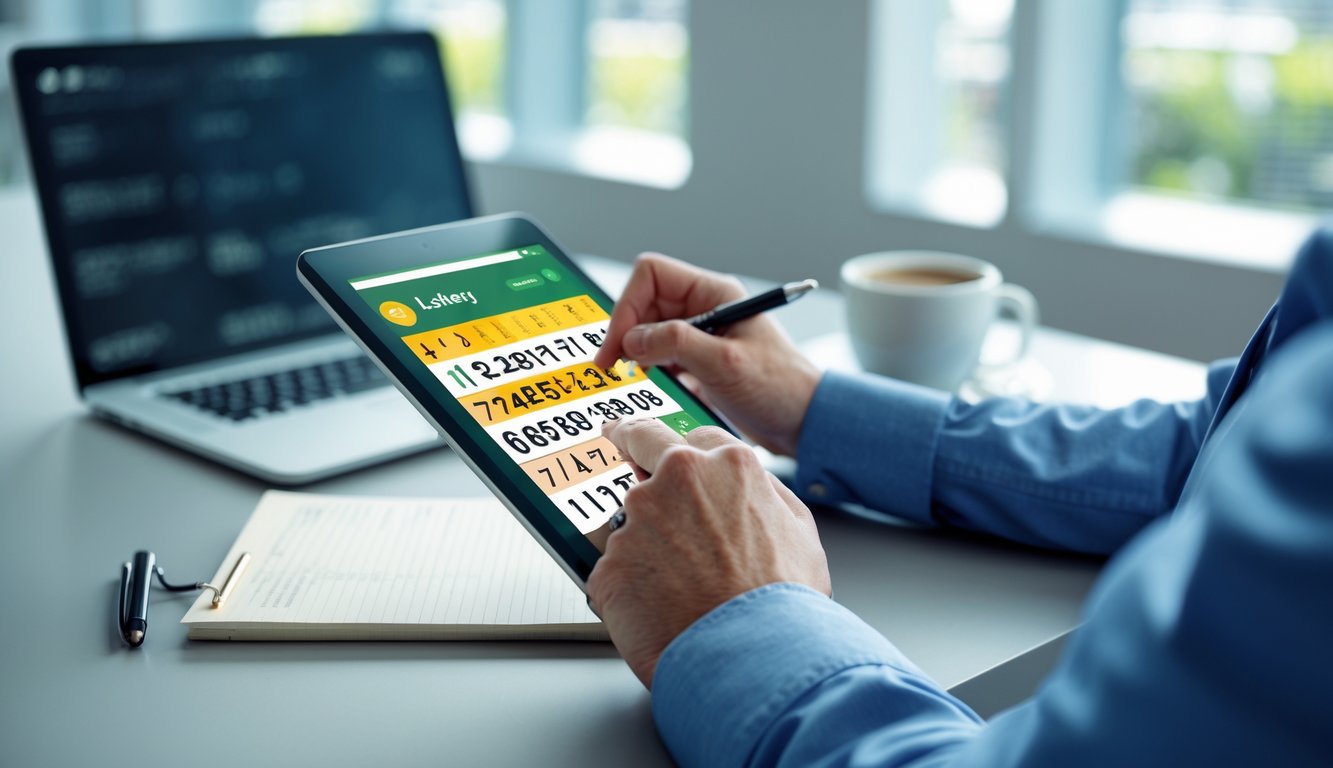 Seseorang sedang menganalisis angka togel online di sebuah tablet di kantor modern dengan meja yang rapi.