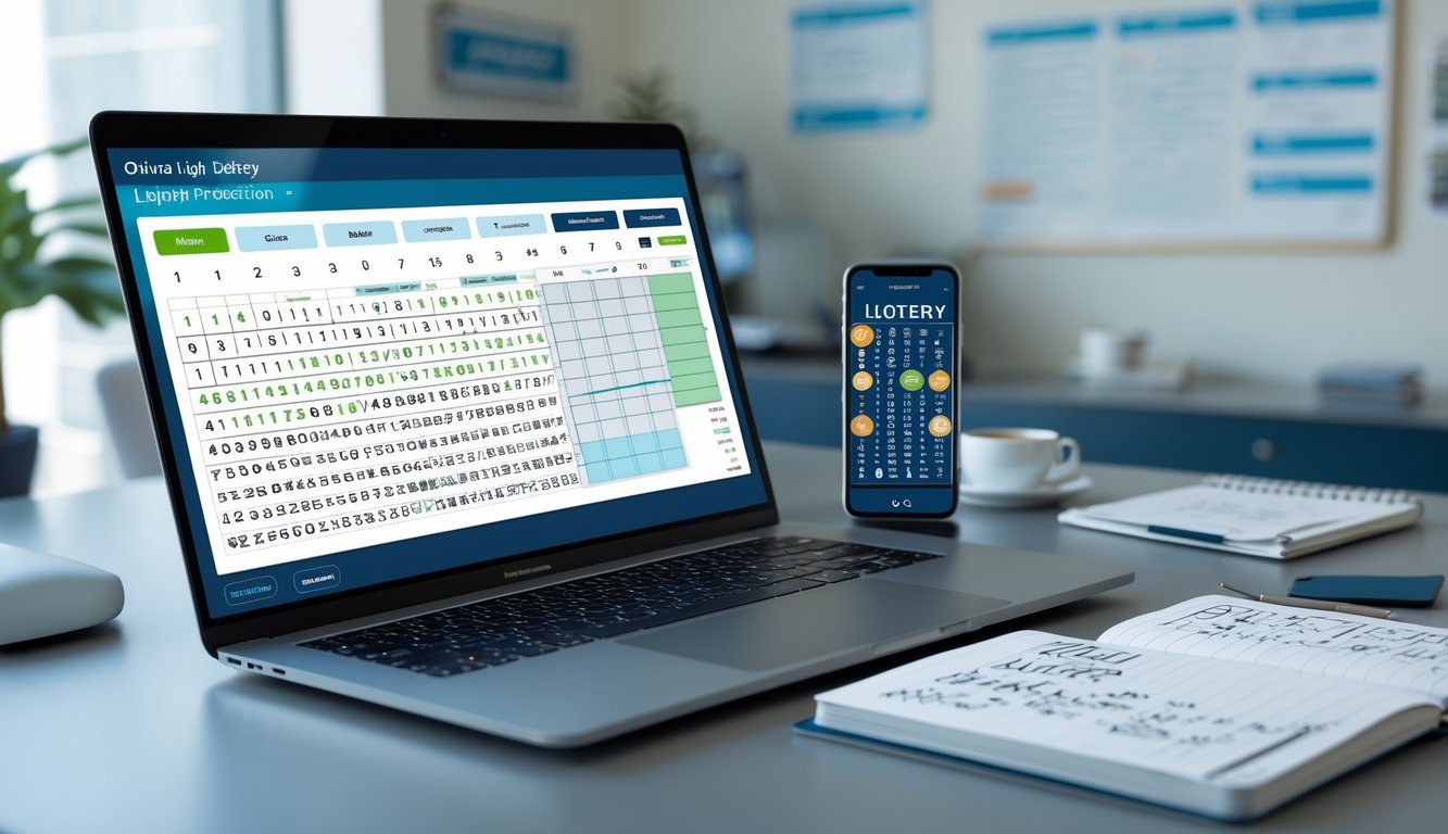 Meja kerja modern dengan laptop, ponsel, dan buku catatan yang menampilkan aktivitas prediksi angka togel online.