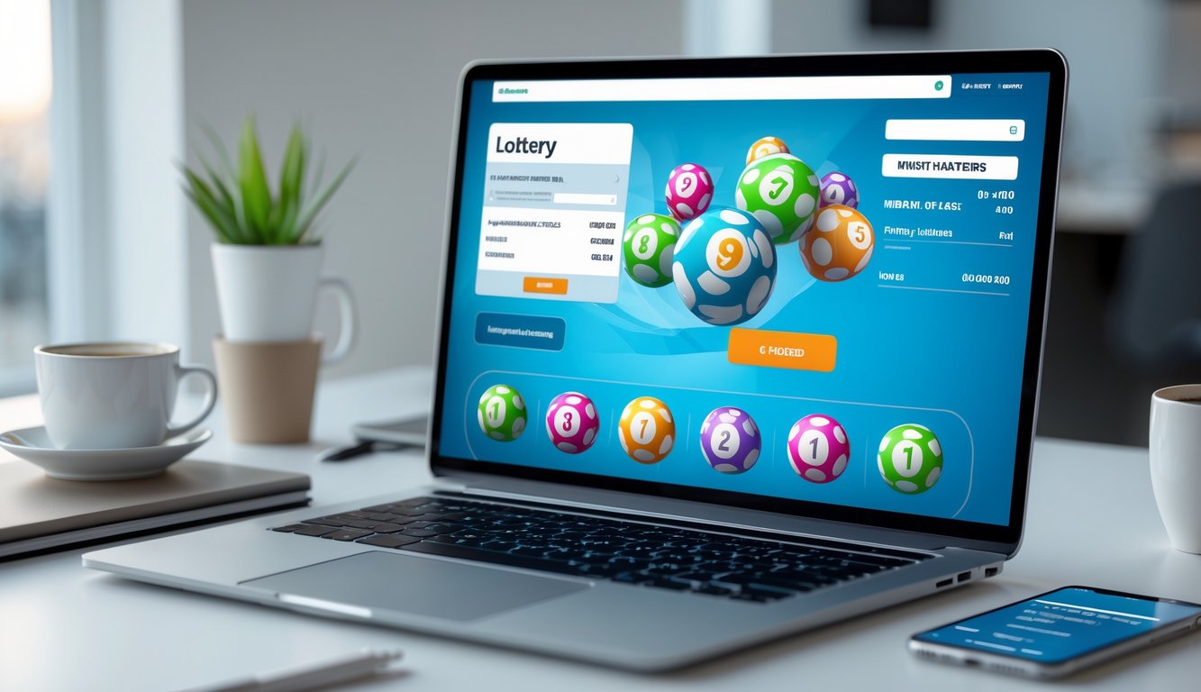 Sebuah ruang kerja modern dengan laptop dan ponsel yang menampilkan antarmuka lotere online dan konfirmasi deposit minimal.
