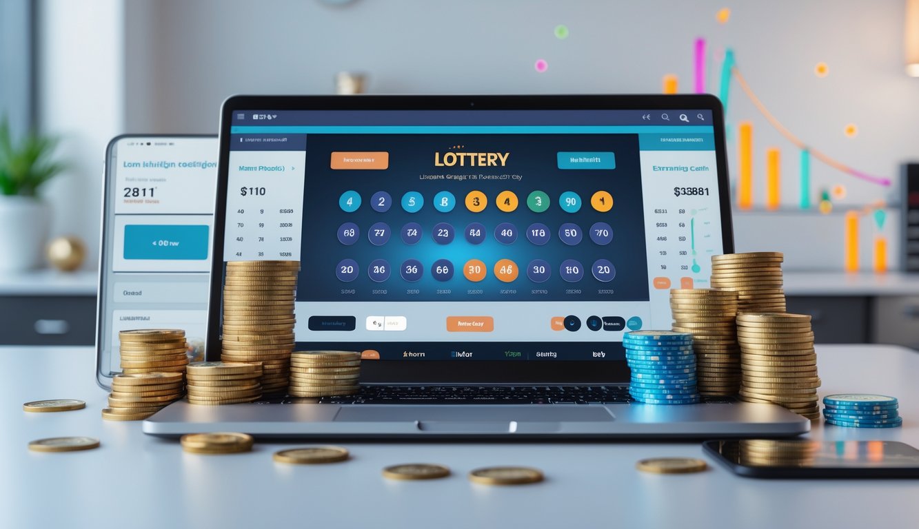 Seorang pengguna sedang bermain judi togel online di laptop dengan koin dan bola togel di sekitar meja.