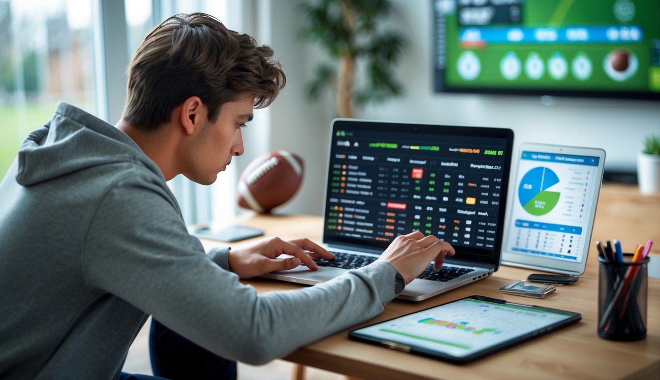 Seorang pemula taruhan bola sedang fokus melihat layar laptop dengan statistik pertandingan sepak bola dan catatan keuangan di meja.