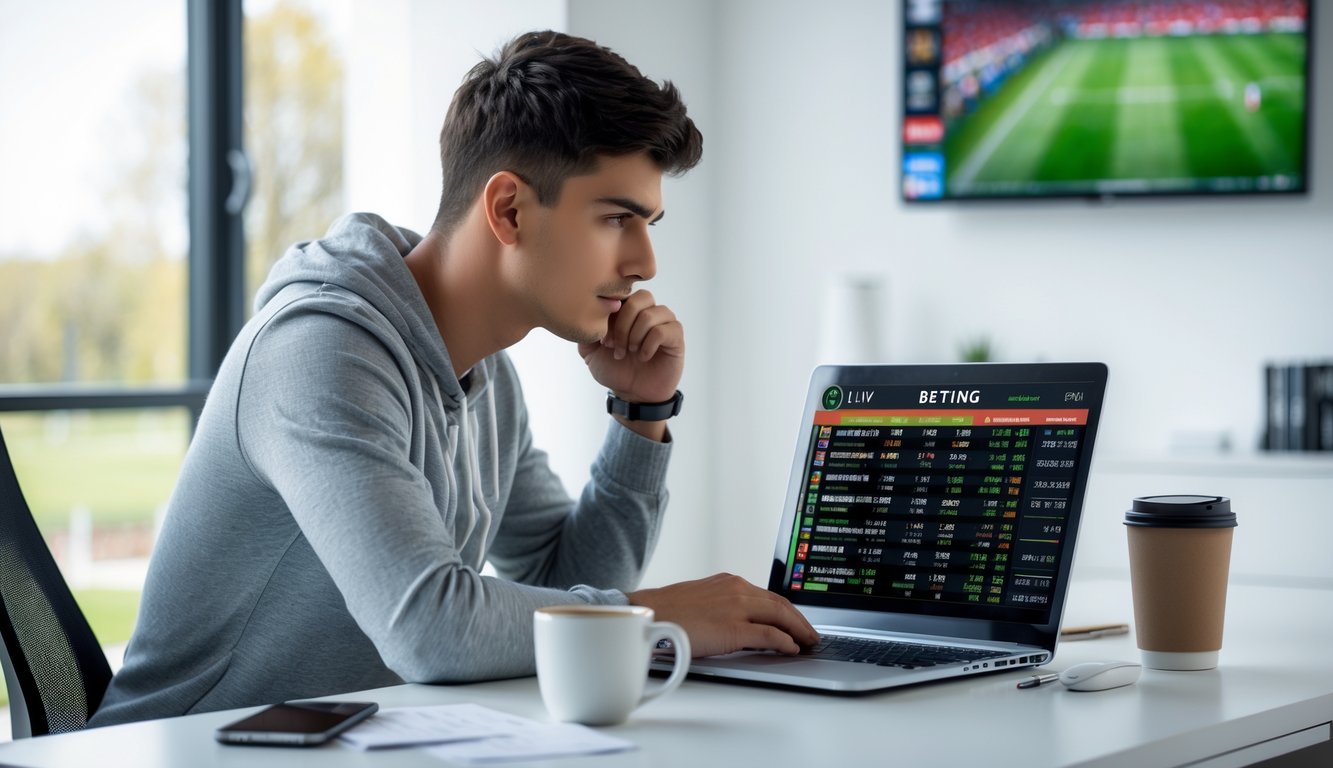 Seorang pria muda duduk di meja dengan laptop yang menampilkan data taruhan bola langsung, di ruang kerja rumah yang terang dengan jendela besar dan televisi yang menayangkan pertandingan sepak bola.