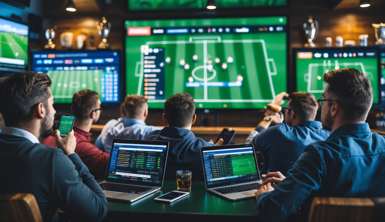 Orang-orang yang fokus menonton pertandingan sepak bola langsung sambil melihat peluang taruhan pada layar digital.