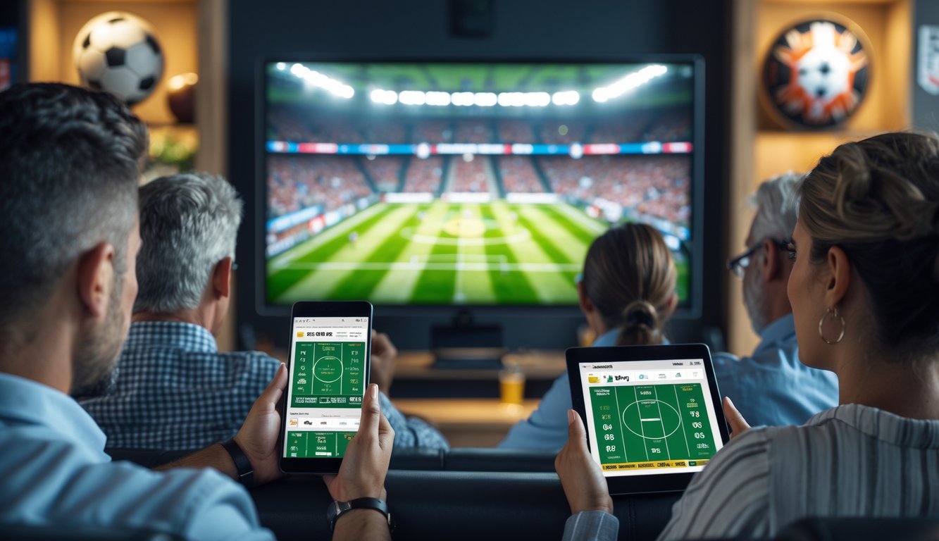 Orang-orang menonton pertandingan sepak bola langsung sambil menggunakan ponsel dan tablet untuk melihat peluang taruhan.