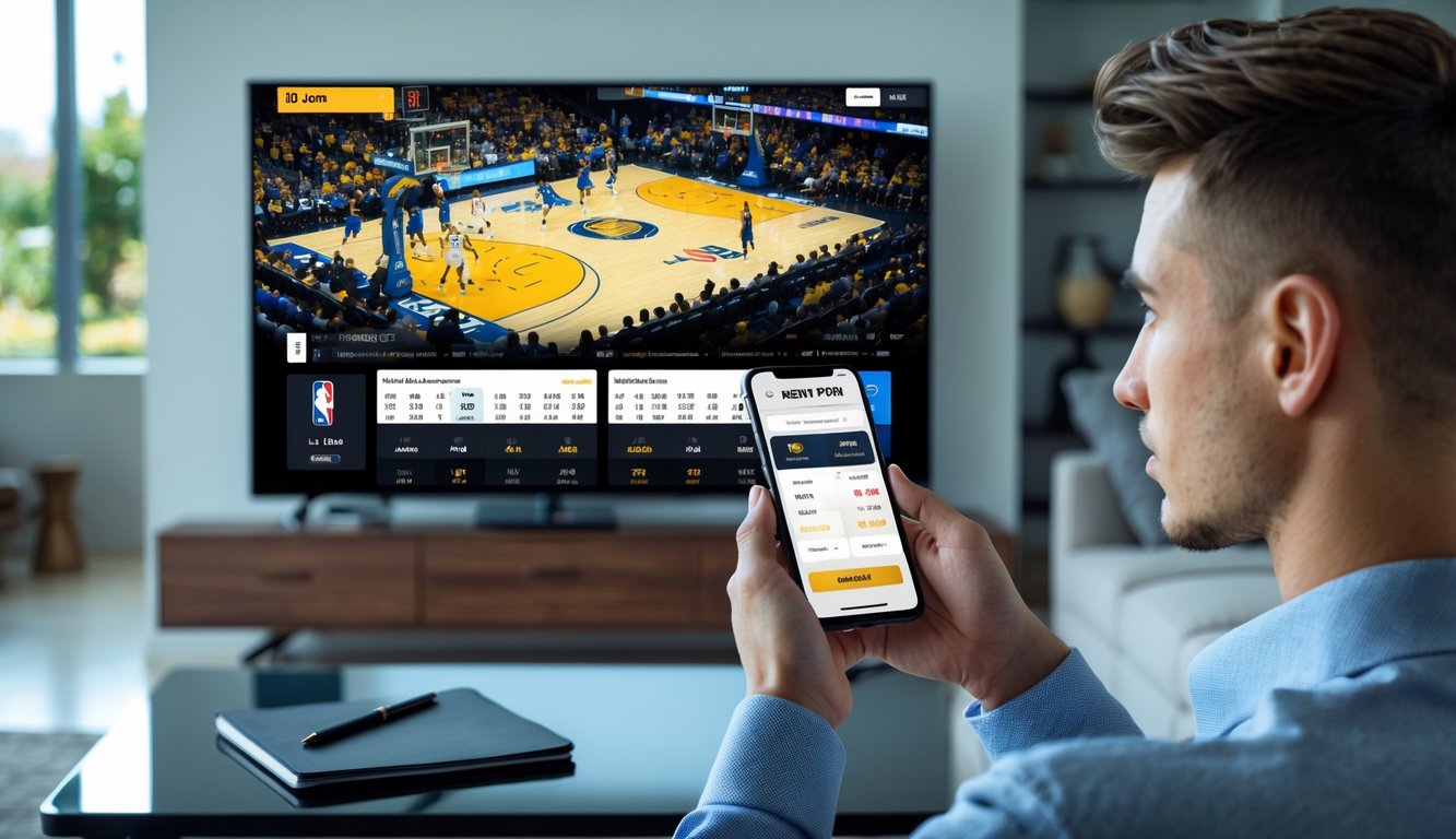 Seorang pria fokus menonton pertandingan basket NBA di televisi sambil memegang ponsel yang menampilkan informasi taruhan langsung.
