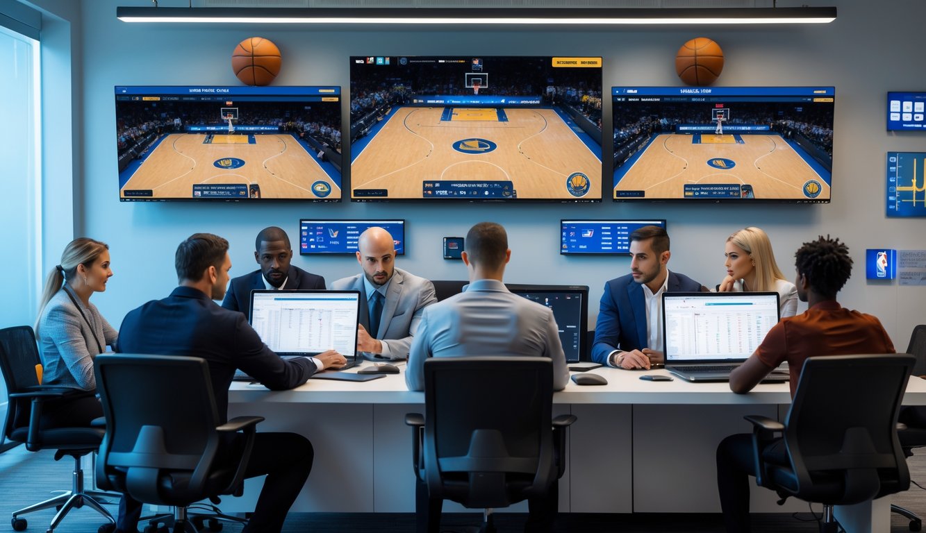 Beberapa orang dewasa sedang fokus melihat layar komputer yang menampilkan pertandingan basket NBA secara langsung dan data taruhan di sebuah kantor modern.