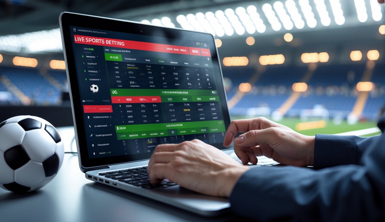 Seseorang menggunakan perangkat digital untuk memasang taruhan langsung pada pertandingan sepak bola liga Eropa, dengan bola sepak dan stadion di latar belakang.