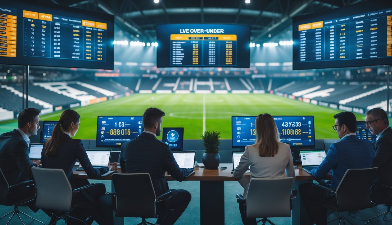 Orang-orang sedang menganalisis data taruhan sepak bola secara langsung dengan latar stadion sepak bola yang sedang berlangsung.