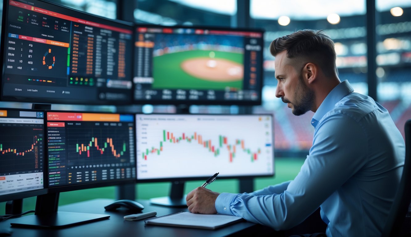 Seorang analis olahraga sedang memantau layar komputer dengan data pertandingan dan grafik taruhan secara langsung di ruang kerja modern.