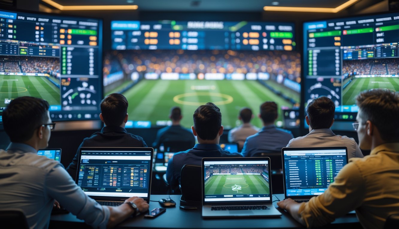 Sekelompok orang memperhatikan layar besar yang menampilkan pertandingan olahraga langsung dengan grafik perubahan momentum tim.