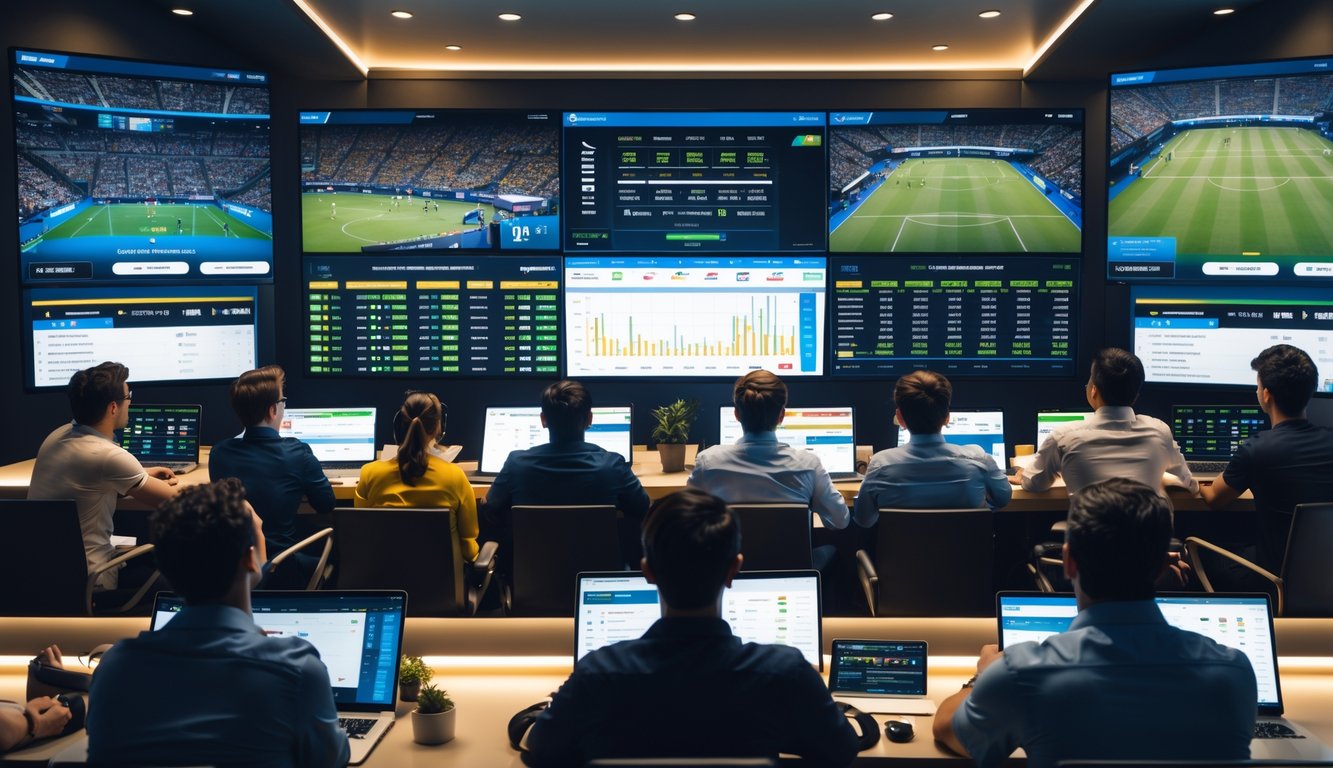 Orang-orang sedang memperhatikan layar besar yang menampilkan pertandingan olahraga langsung dan statistik waktu nyata dalam ruangan modern.