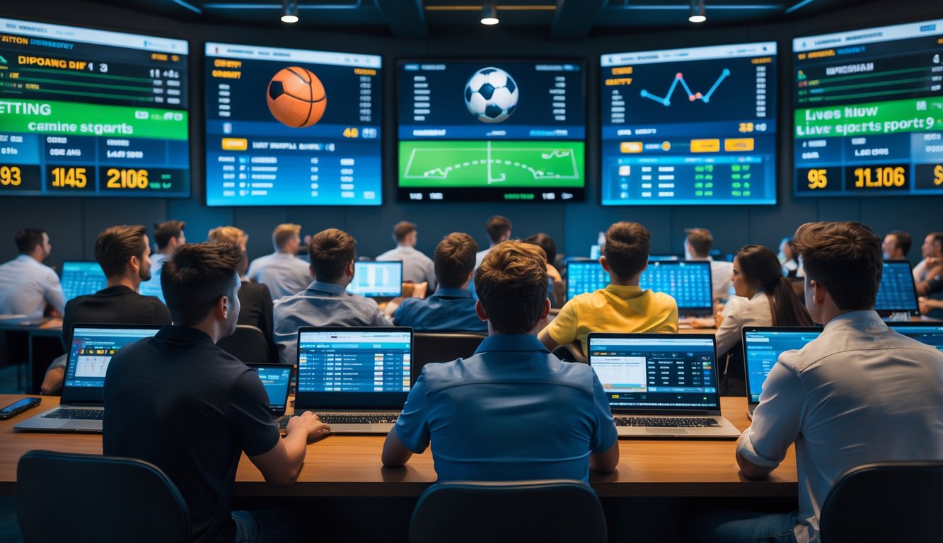 Sekelompok orang muda sedang menonton layar besar yang menampilkan pertandingan olahraga dan statistik waktu nyata dalam suasana taruhan olahraga online.