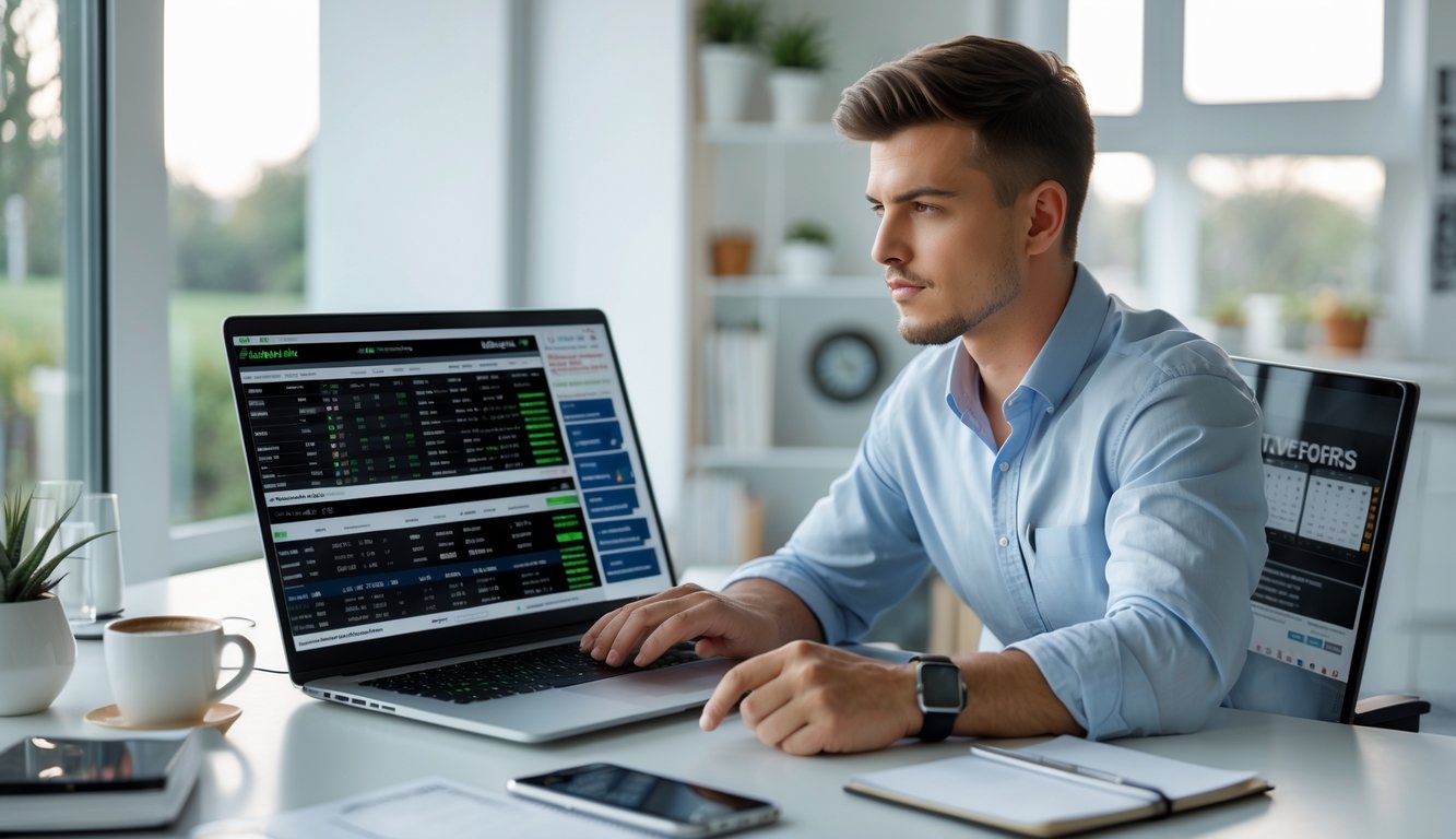 Seorang pria muda duduk di meja dengan perangkat digital yang menampilkan data taruhan olahraga, sedang menganalisis dengan serius di ruang kerja yang terang dan rapi.