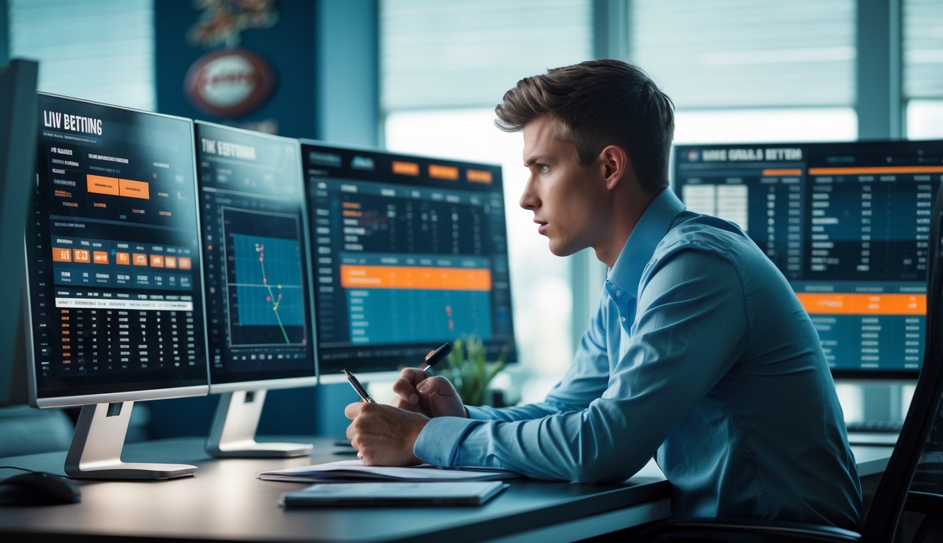 Seorang pria muda duduk di meja dengan beberapa layar komputer menampilkan data taruhan olahraga langsung, tampak fokus dan menganalisis informasi.