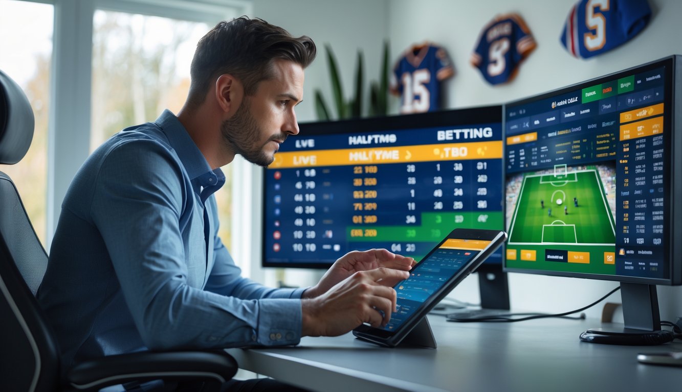 Seorang pria fokus duduk di meja dengan beberapa layar yang menampilkan statistik pertandingan sepak bola dan peluang taruhan saat babak kedua sedang berlangsung.