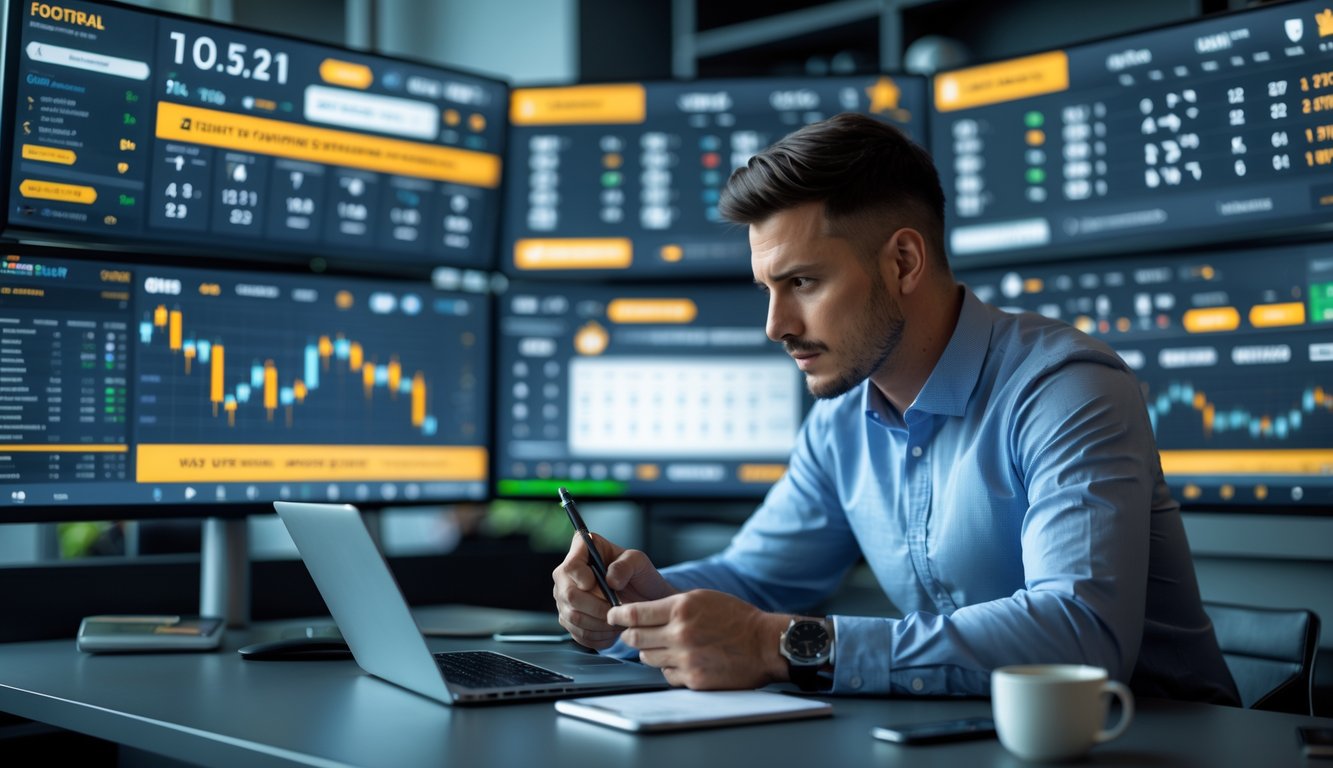 Seorang pria fokus duduk di meja dengan beberapa layar menampilkan statistik pertandingan sepak bola dan peluang taruhan secara langsung.