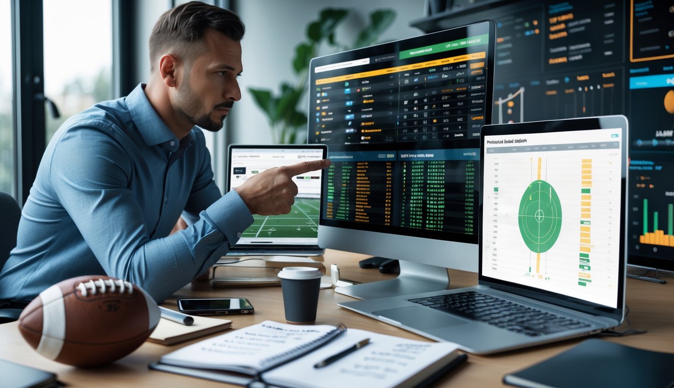 Seorang pria sedang menganalisis pola permainan sepak bola secara serius di depan beberapa layar digital dengan statistik dan grafik pertandingan.