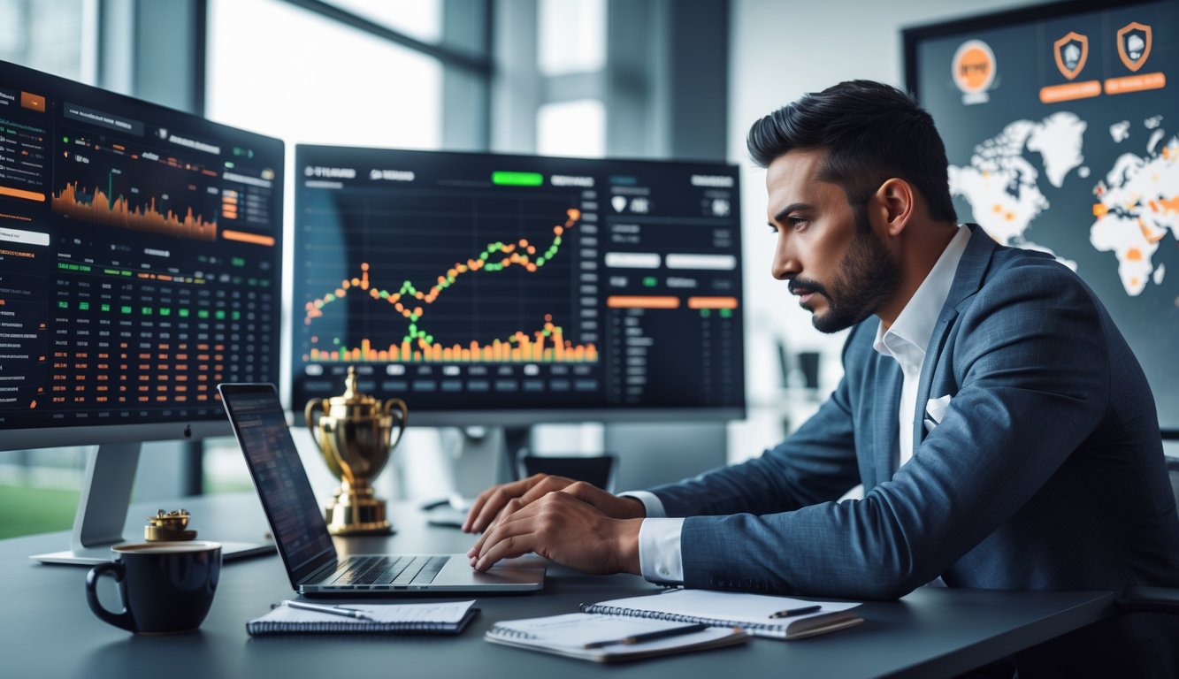 Seorang pria sedang menganalisis data pertandingan sepak bola langsung di depan beberapa layar komputer di sebuah kantor modern.