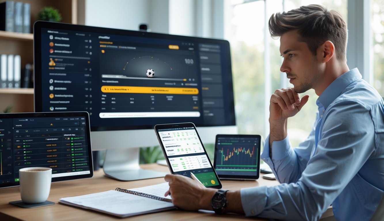 Seorang pria muda di meja kerja dengan beberapa perangkat elektronik memantau pertandingan olahraga dan data taruhan secara langsung.