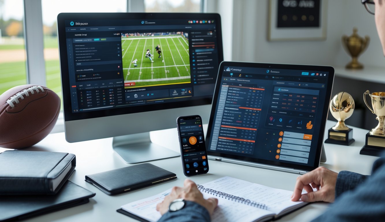 Seseorang menggunakan komputer dan perangkat mobile di meja kerja dengan tampilan streaming olahraga langsung dan aplikasi taruhan terbuka.