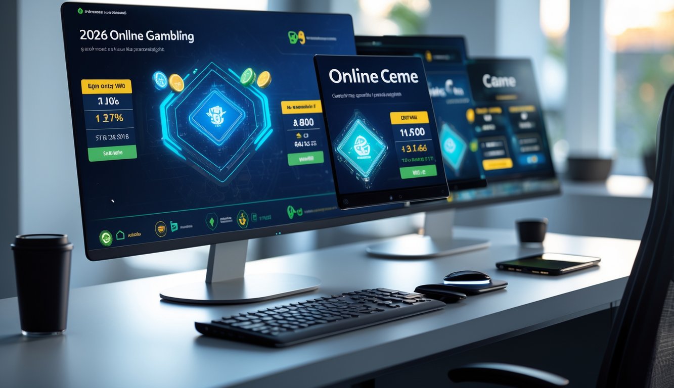 Seorang pengguna sedang bermain permainan kartu online di komputer dengan beberapa layar yang menampilkan grafik dan statistik permainan ceme.