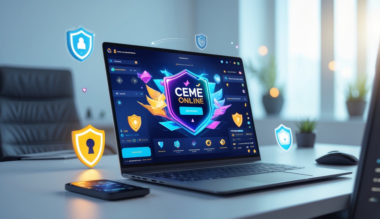 Seorang pengguna komputer di meja kerja dengan layar menampilkan permainan kartu online dan simbol keamanan.