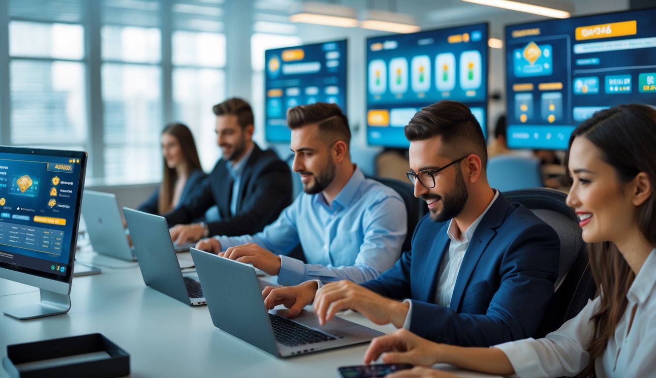 Sekelompok orang sedang bermain game kartu online di kantor modern dengan suasana profesional dan pencahayaan terang.