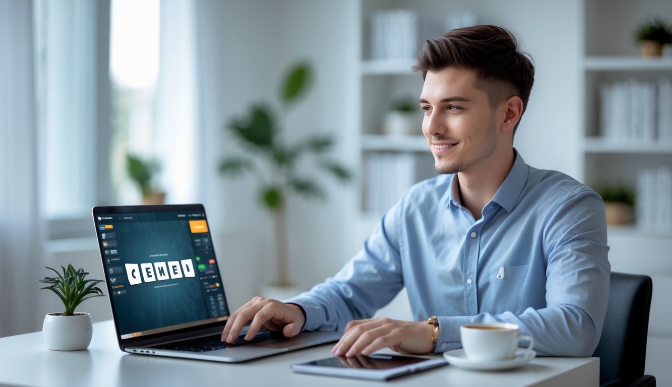 Seorang pria muda duduk di meja dengan laptop di ruang kerja rumah yang terang dan rapi.