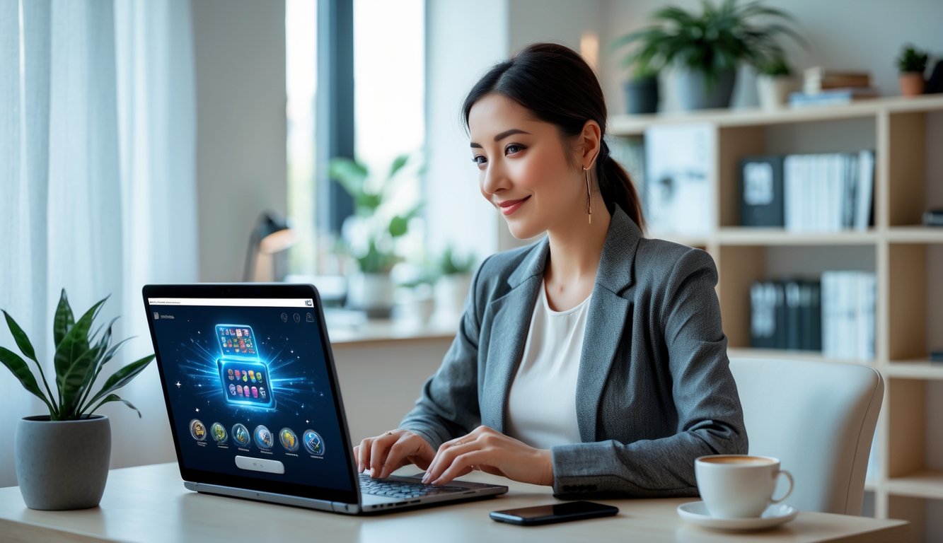 Seorang wanita muda duduk di meja dengan laptop, fokus bermain permainan kartu online di ruang kerja yang terang dan rapi.