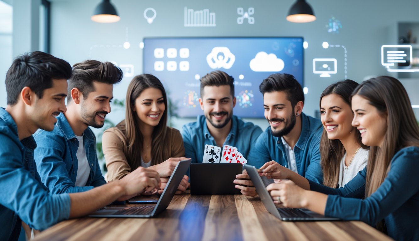 Beberapa orang muda bermain permainan kartu online bersama di meja dengan laptop dan tablet.