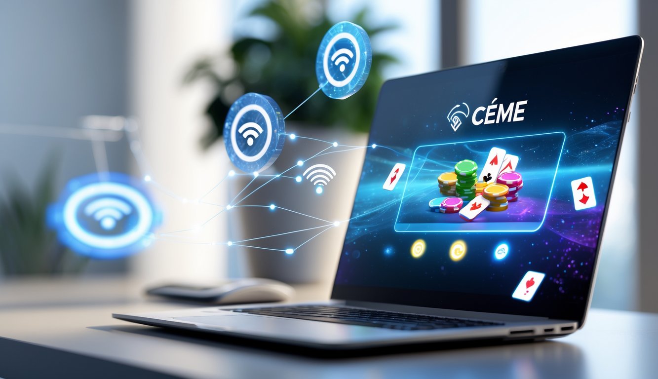 Seorang pengguna sedang mengakses permainan kartu online di komputer dengan latar belakang yang menunjukkan koneksi internet yang stabil.