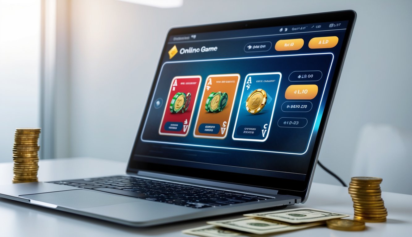 Seorang pengguna bermain permainan kartu online di depan laptop dengan latar belakang meja bersih dan pencahayaan lembut.