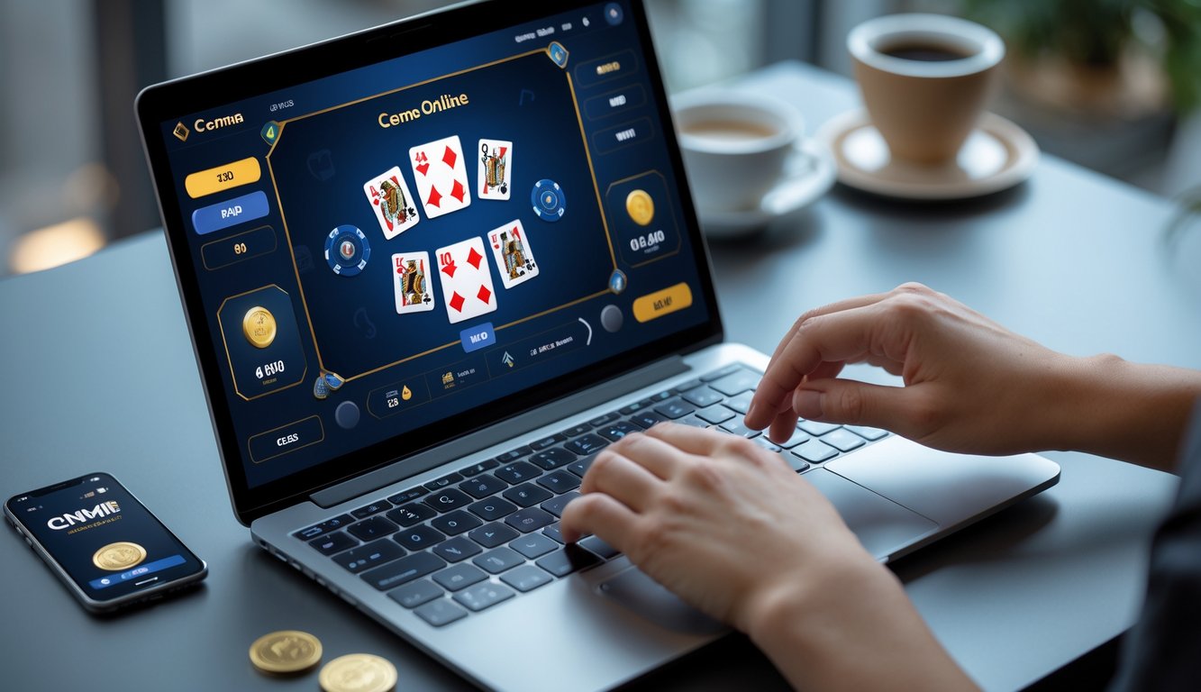 Seseorang menggunakan laptop untuk bermain permainan kartu online dengan chip taruhan di meja kerja yang rapi.