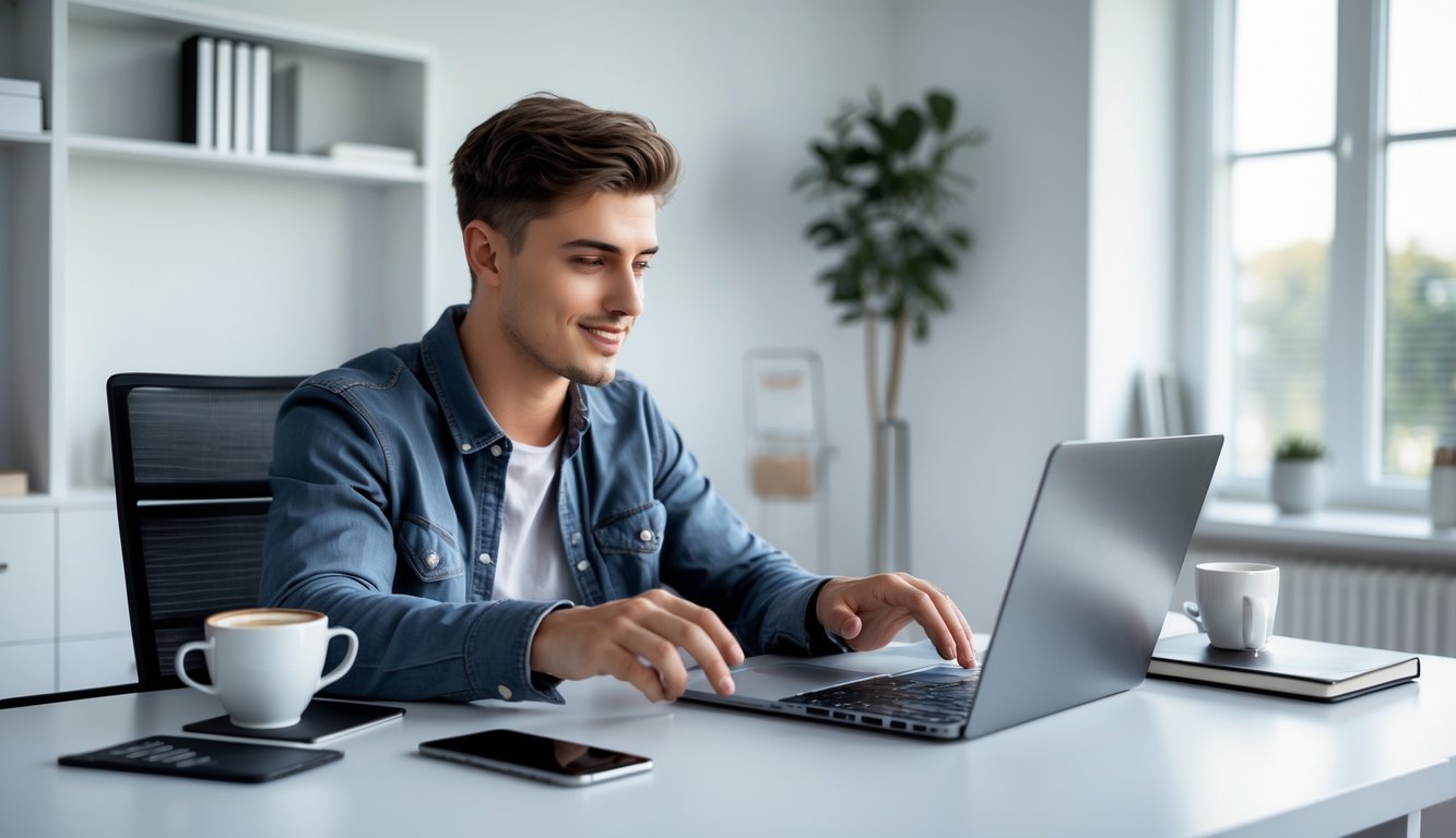 Seorang pria muda duduk di meja modern sambil bermain permainan kartu online di laptop dengan fokus.