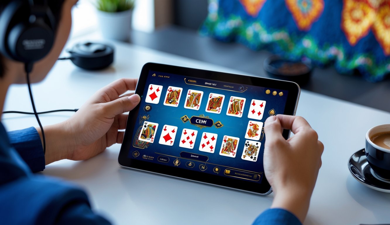 Tangan seseorang memegang kartu digital pada perangkat touchscreen yang menampilkan permainan Ceme online dengan latar belakang motif tradisional Indonesia.
