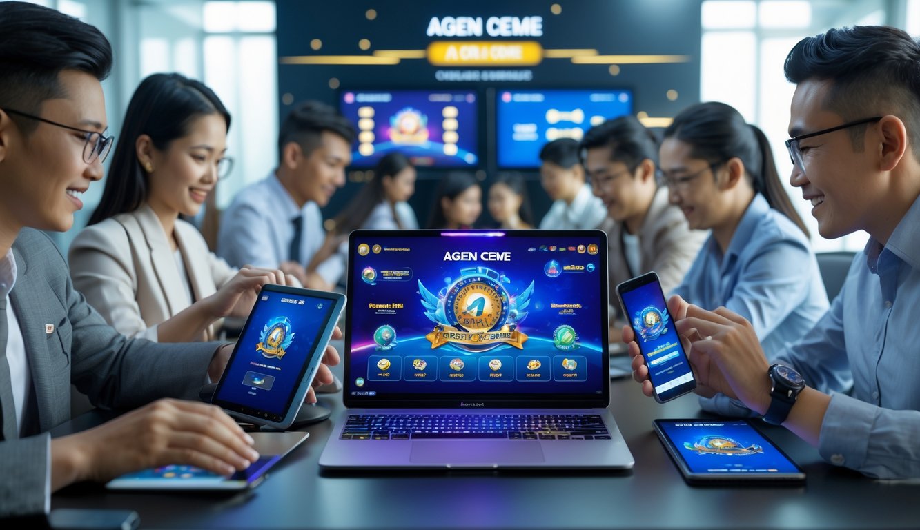 Beberapa orang menggunakan perangkat digital di ruangan modern untuk bermain permainan kartu online dengan suasana profesional dan terpercaya.