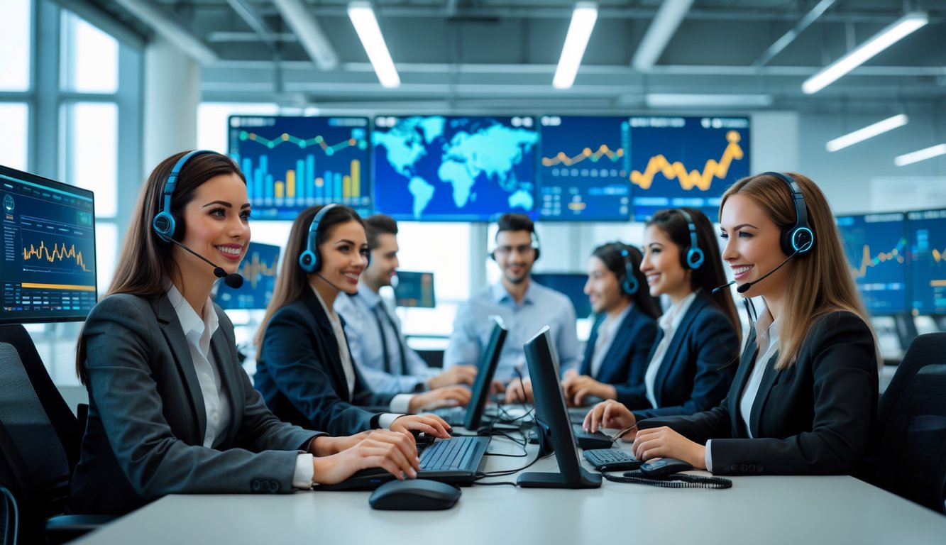 Tim agen layanan pelanggan sedang bekerja di kantor modern dengan komputer dan headset, menunjukkan pelayanan online 24 jam.