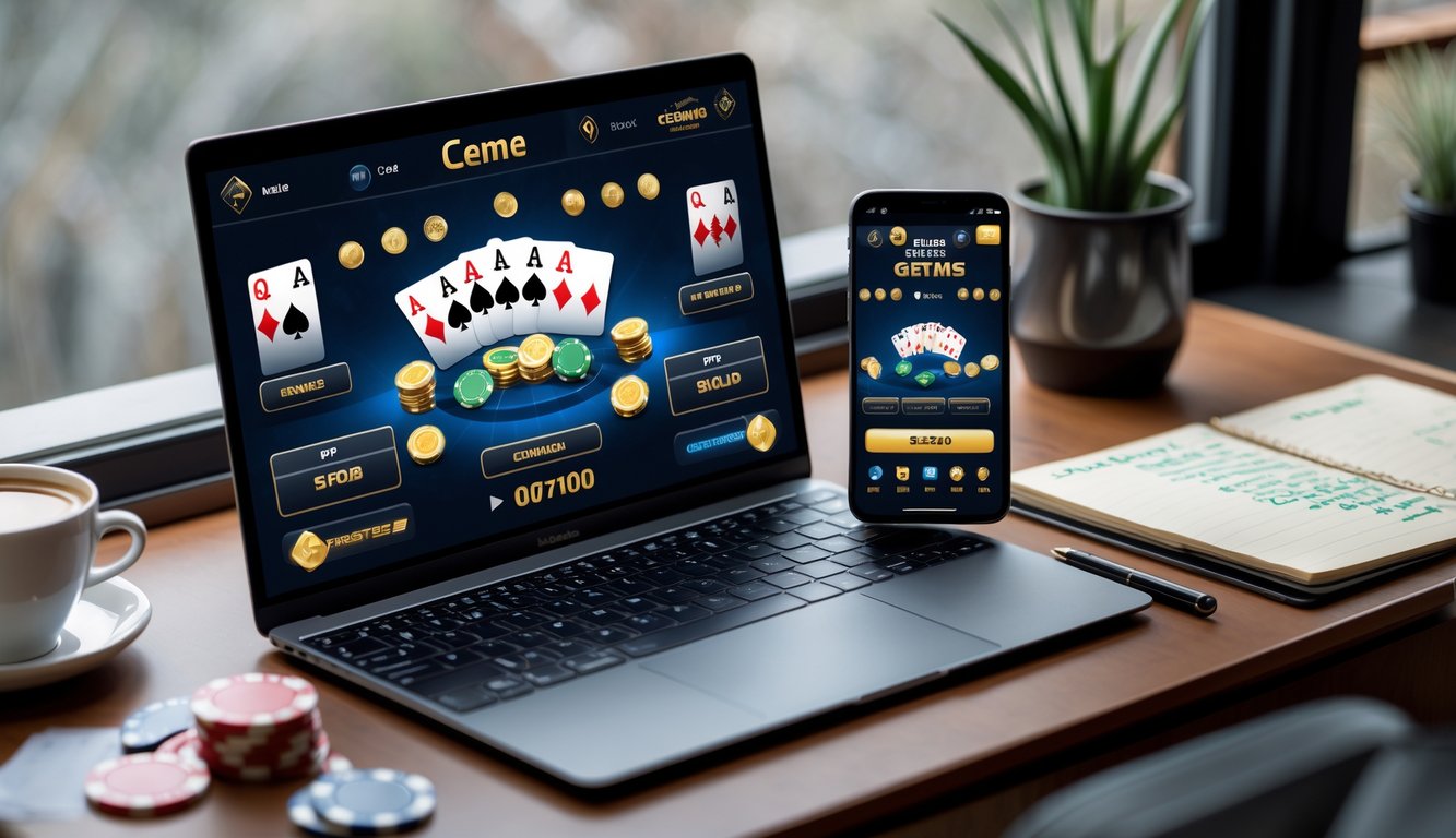 Seorang pria duduk di depan laptop dan smartphone yang menampilkan permainan kartu online, dengan meja kayu, secangkir kopi, dan catatan di sekitarnya.