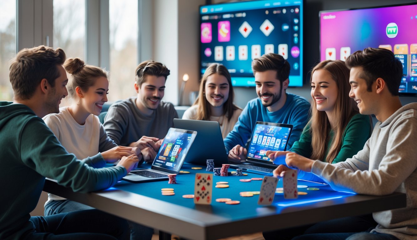 Sekelompok orang muda sedang bermain permainan kartu online bersama di meja dengan perangkat digital.