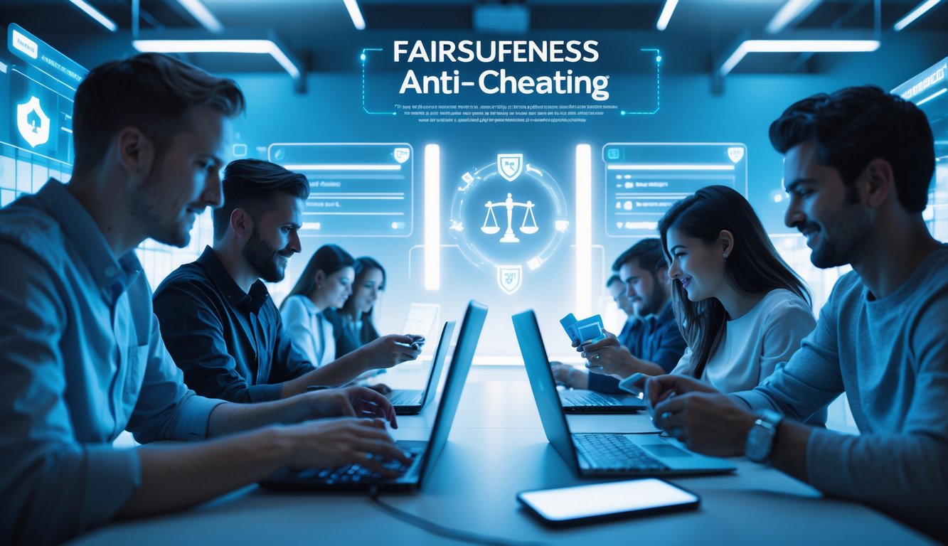 Sekelompok orang bermain permainan kartu secara online dengan perangkat digital di ruang kantor modern yang terang dan bersih.