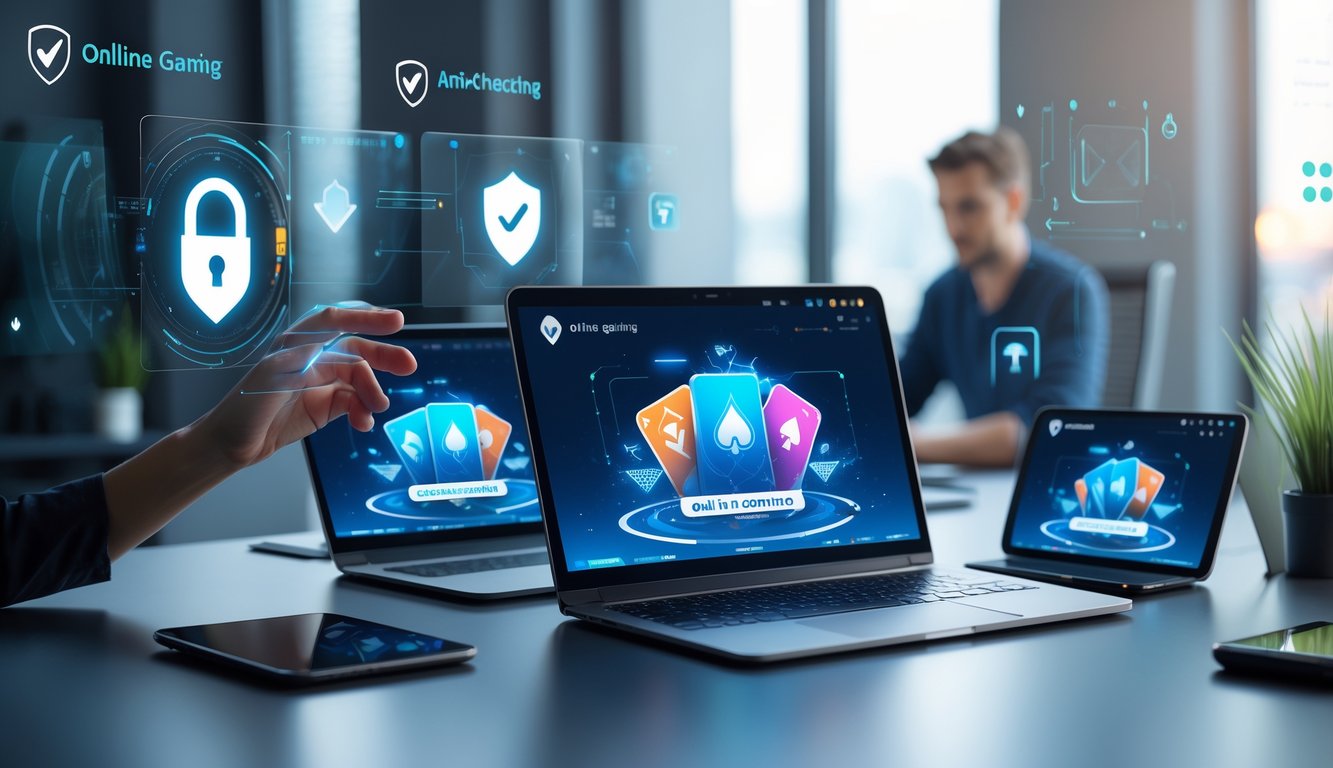 Orang menggunakan perangkat digital di ruang kerja modern dengan simbol keamanan dan permainan kartu online di layar.