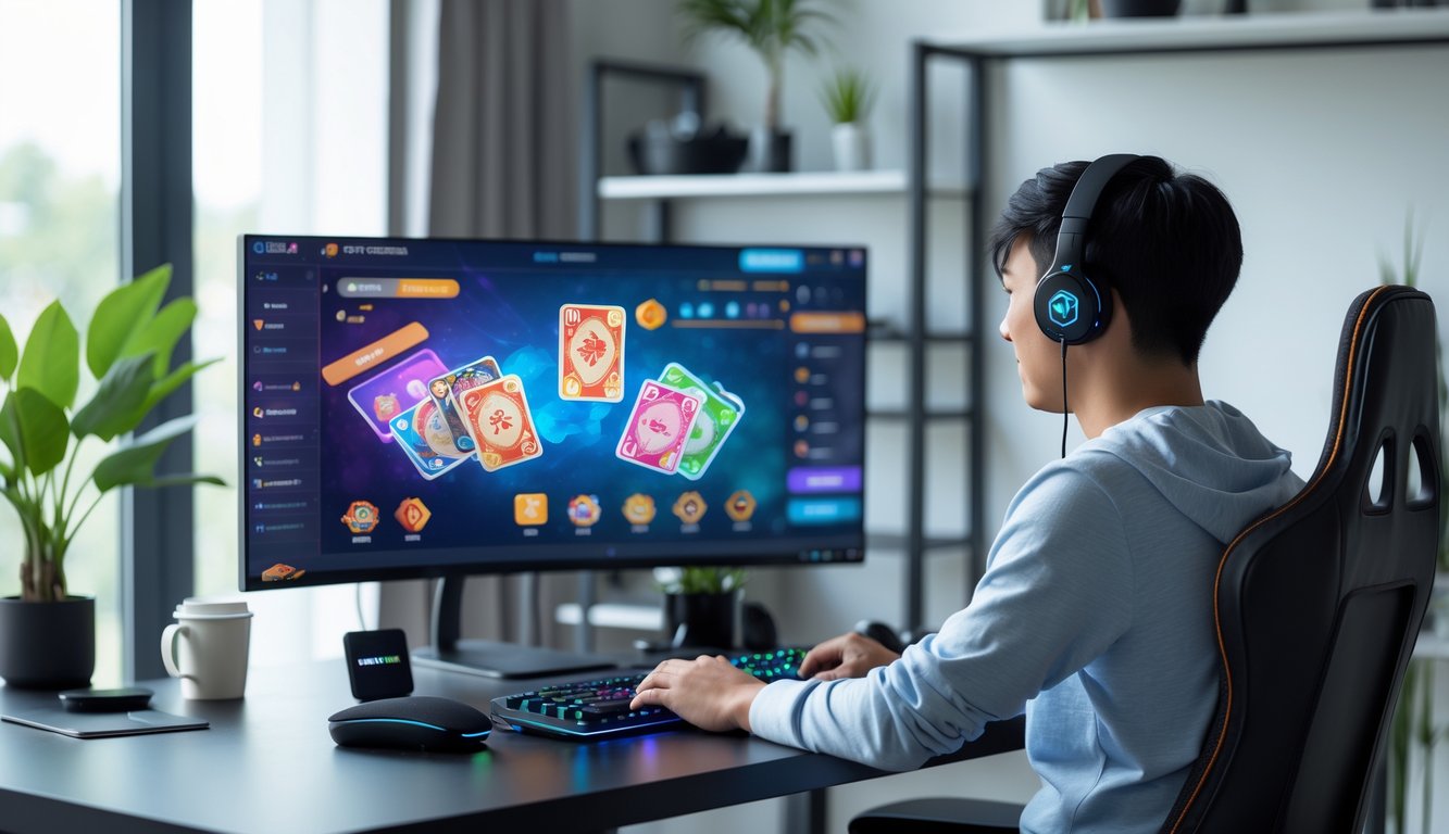 Seorang pria muda duduk di meja dengan komputer yang menampilkan permainan kartu online, di ruang kerja yang terang dan rapi.