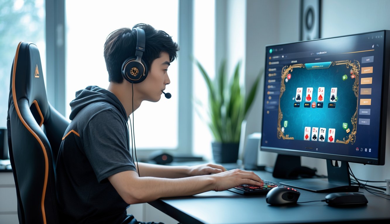 Seorang pria muda duduk di depan komputer dengan tampilan permainan kartu digital, di ruang kerja yang terang dan rapi.