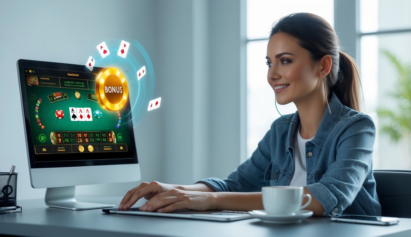 Seorang wanita muda duduk di meja dengan laptop, fokus pada permainan baccarat online di layar komputer.